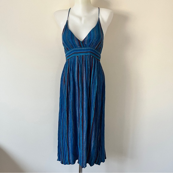 Ecoté Urban Outfitters Blue Striped Midi Dress Boho Beachy Ballet Wrap Straps 0 - Picture 2 of 16